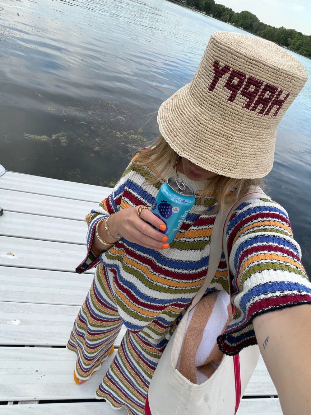 Free People Multicolor Striped Knit Set with Straw Bucket Hat